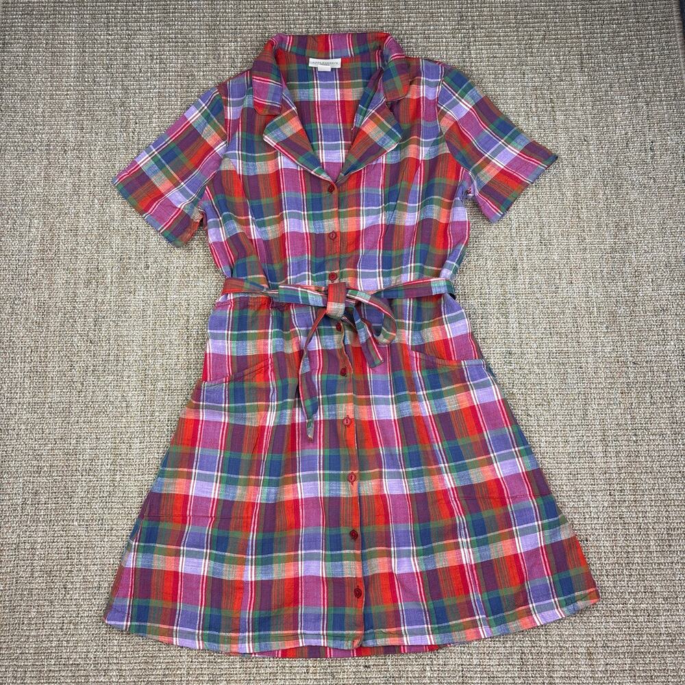 🌺 Appleseed's Petites Madras Plaid Belted Shirtdress | Size 8P | Multicolor